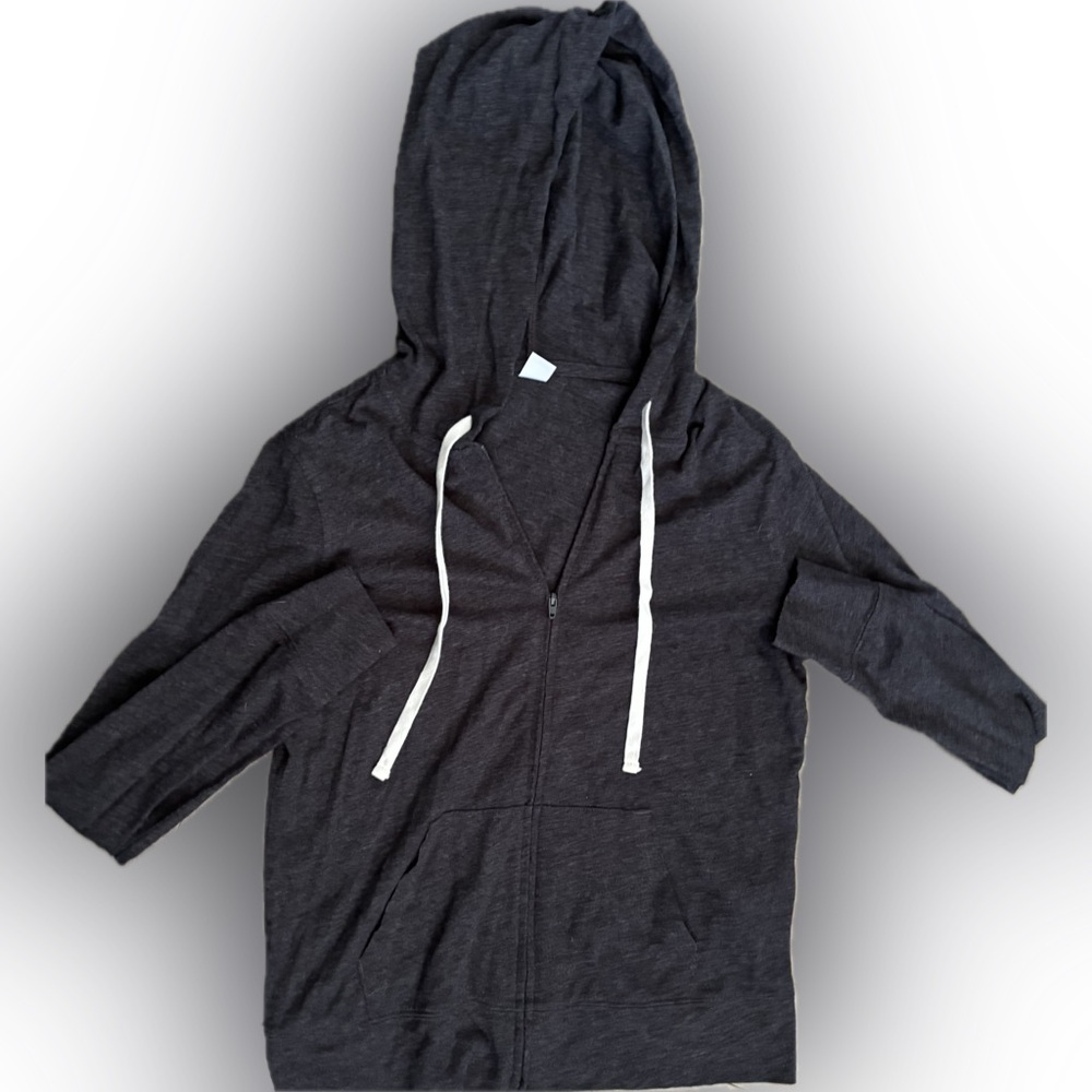 Lightweight Full Zip Hoodie Drawstring Unlined Heathered Grey Pockets Size XS S